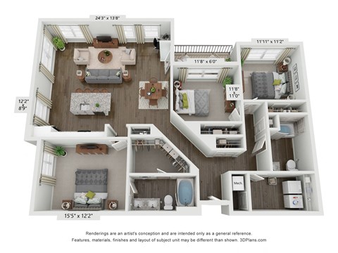 Floor plan for 3 beds, 2 baths, 1529 sqft